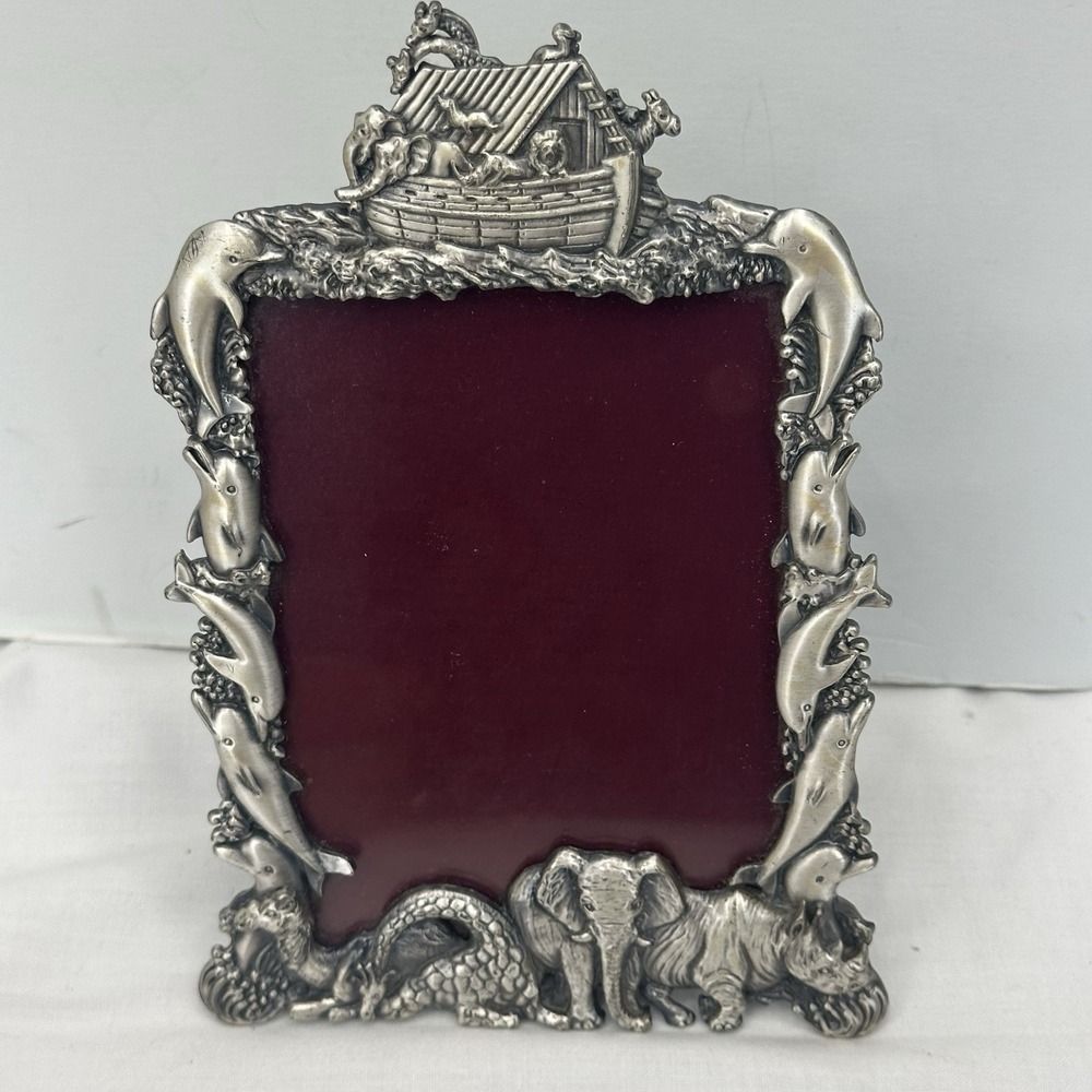 Metal Noah's Ark Vintage Picture Frame 3.5x5" Animals Dolphins Elephant By  M T